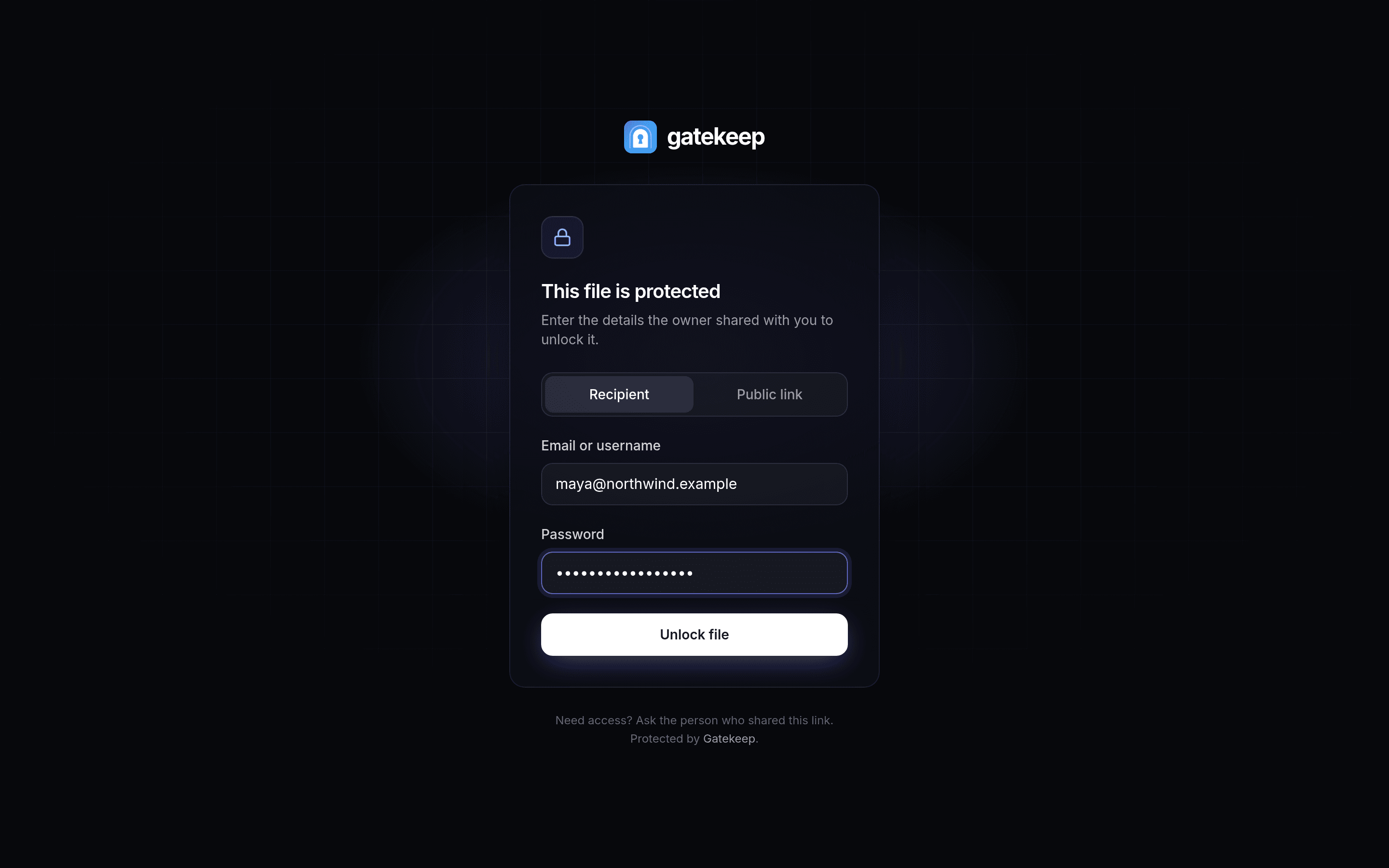 Share page asking the recipient for their email and password